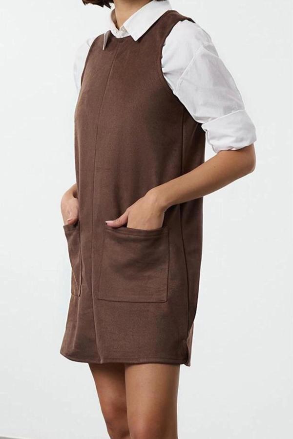 Moda Stil Relaxed Bisiklet Yaka Mini Boy Düz Düz Cep Detaylı A line Çan Kesim Örme Elbise - Image 1
