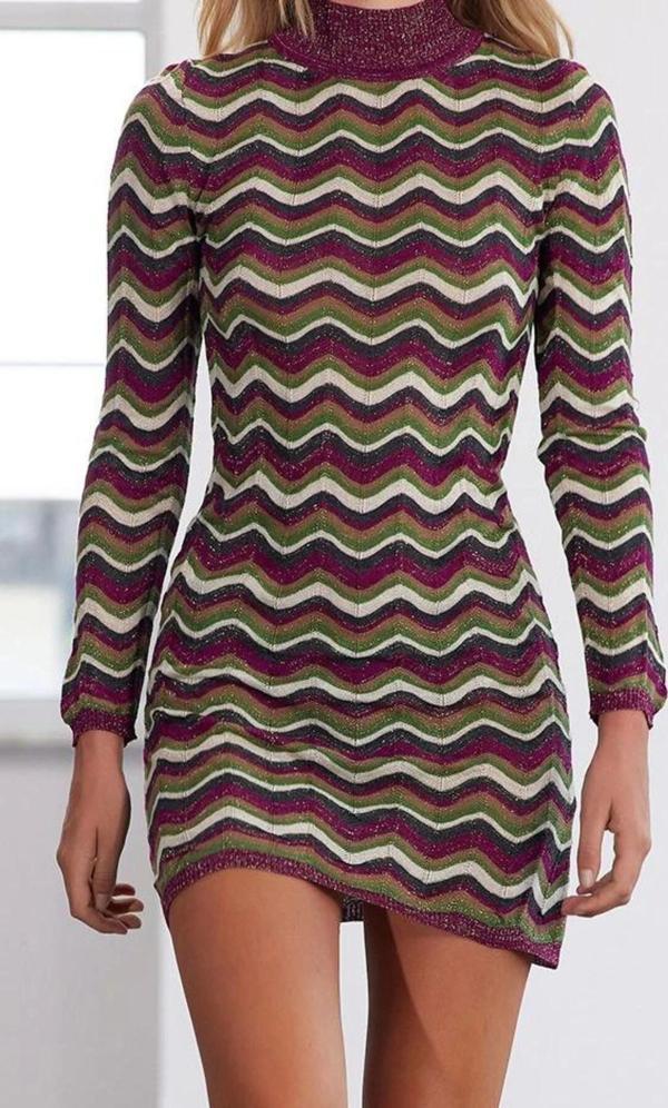 Moda Stil Slim Dik Yaka Mini Boy Limited Edition Renk Bloklu Bodycone Triko Elbise - Image 1