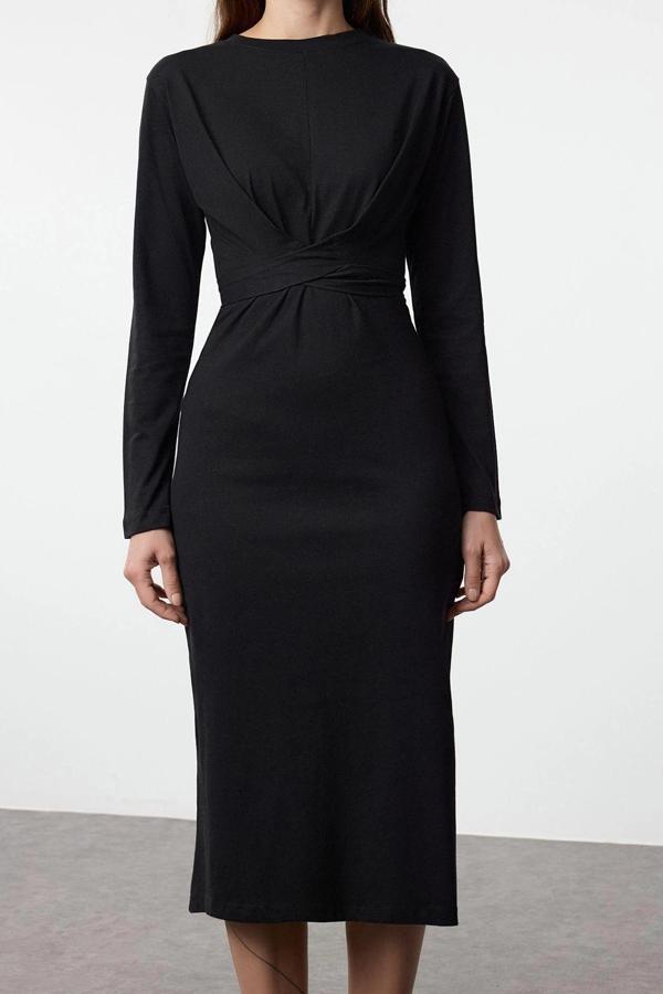 Moda Stil Slim Bisiklet Yaka Midi Boy %100 Pamuk Bağlama Detaylı Vücuda Oturan Örme Elbise - Image 1
