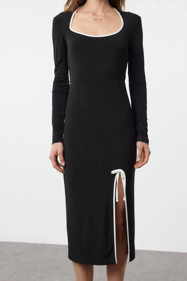 Moda Stil Slim Havuz Yaka Maxi Boy Renk Bloklu Fiyonk Detaylı Fitted Örme Elbise - Image 1