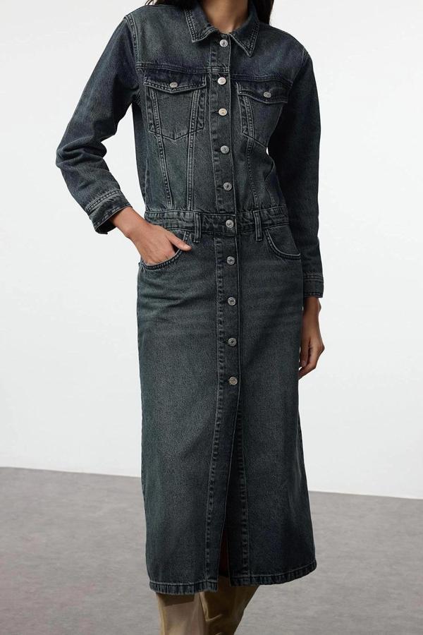 Moda Stil Denim Ceket Yaka Midi Boy Gömlek Elbise - Image 1