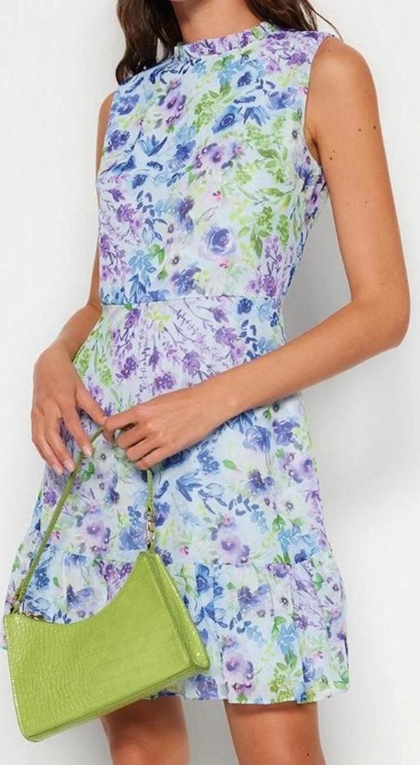 Moda Stil Regular Dik Yaka Mini Boy Çiçekli A Kesim Fırfırlı Astarlı Dokuma Elbise - Image 1