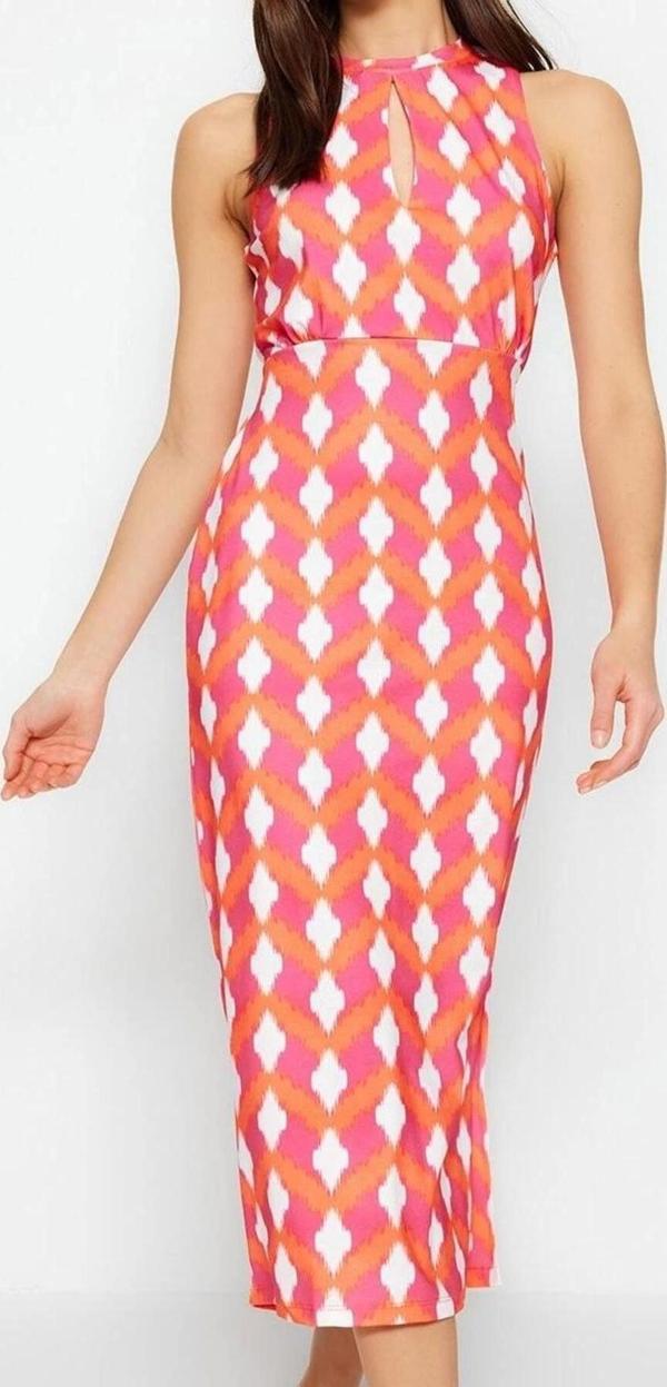 Moda Stil Slim Choker Yaka Midi Boy Retro Desenli Cut Out Detaylı Vücuda Oturan Örme Kalem Elbise - Image 1