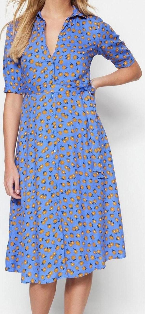 Moda Stil Regular Gömlek Yaka Midi Boy Çiçek Desenli Kuşaklı Dokuma Viskon Gömlek Elbise - Image 1