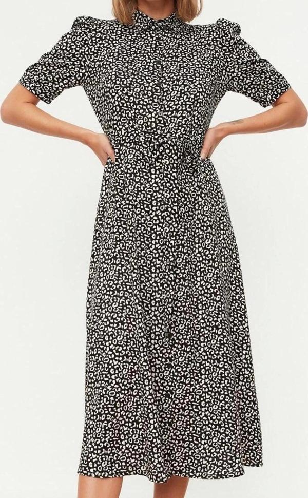 Moda Stil Regular Gömlek Yaka Midi Boy Çiçek Desenli Kuşaklı Dokuma Viskon Gömlek Elbise - Image 1