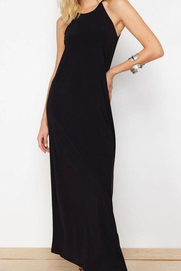 Moda Stil Slim Halter Yaka Maxi Boy Soyut A-line Çan Açılan Esnek Örme Kalem Elbise - Image 1