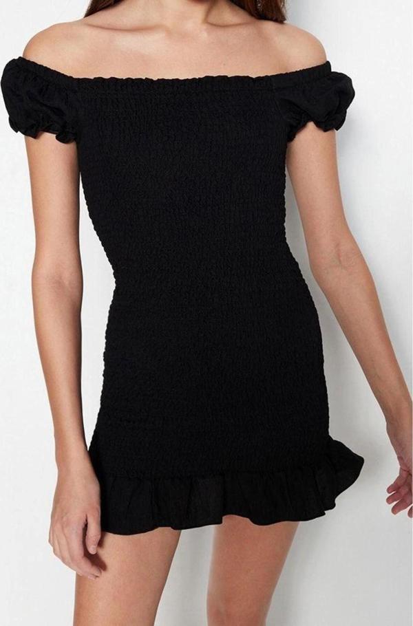 Moda Stil Regular Carmen Yaka Mini Boy Vücuda Oturan Gipeli Dokuma Elbise - Image 1