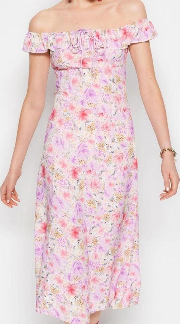 Moda Stil Regular Carmen Yaka Midi Boy Çiçek Desenli A Kesim Form Dokuma Elbise - Image 1