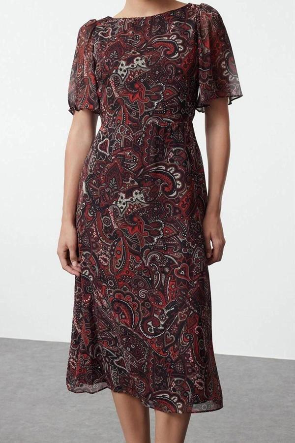 Moda Stil Regular Bisiklet Yaka Midi Boy Desenli A Kesim Melek Kol Astarlı Şifon Dokuma Elbise - Image 1