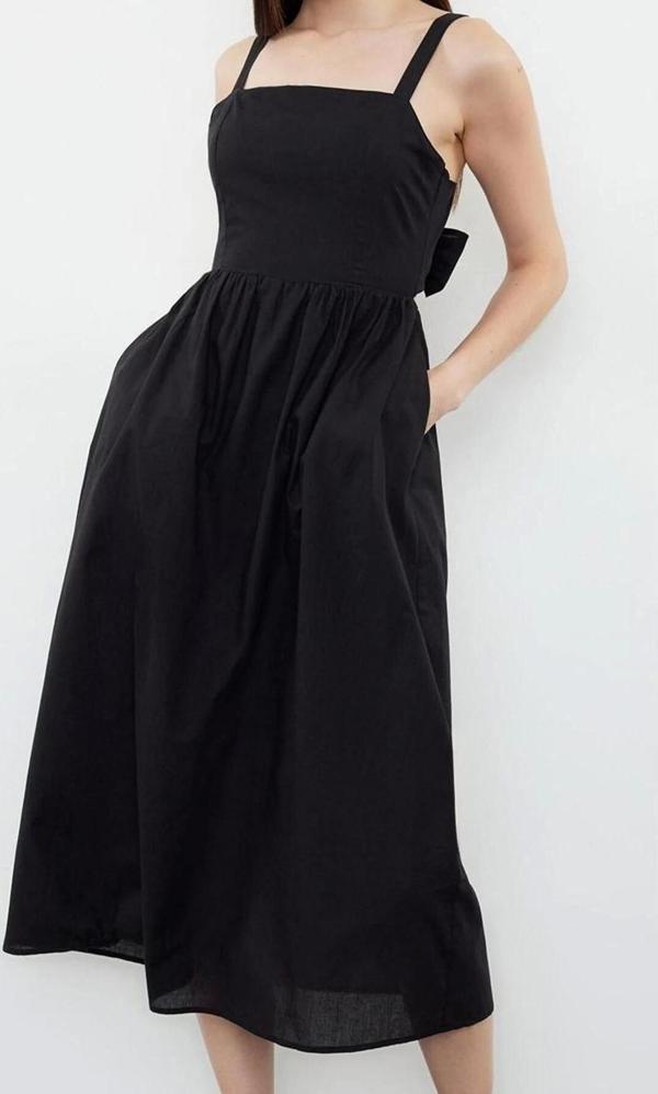 Moda Stil Regular Kare Yaka Midi Boy A Kesim Pamuklu Vual Dokuma Elbise - Image 1