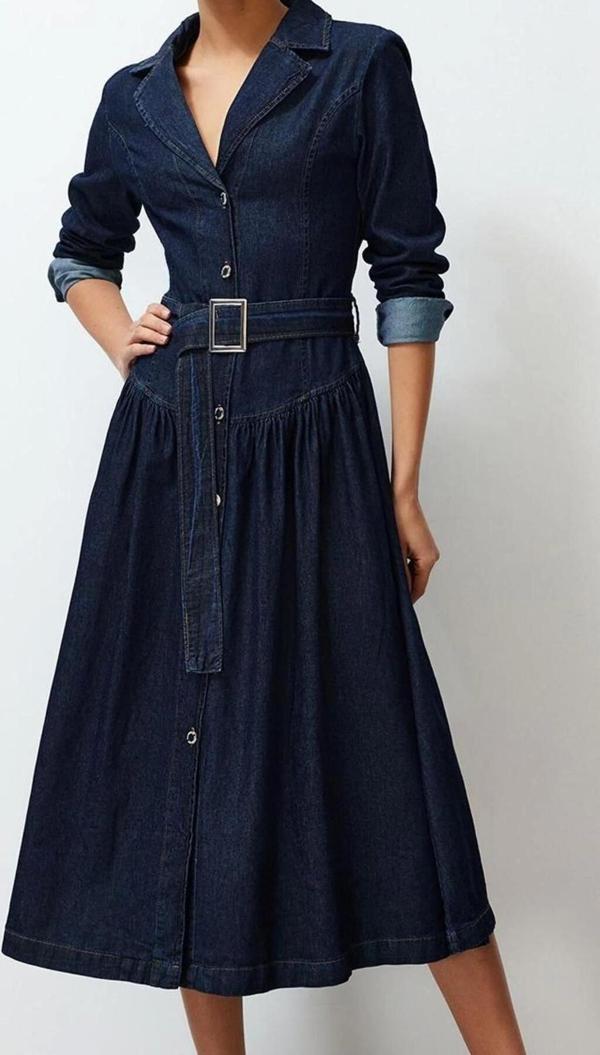 Moda Stil Oversize Gömlek Yaka Maxi Boy Kemerli Denim Elbise - Image 1