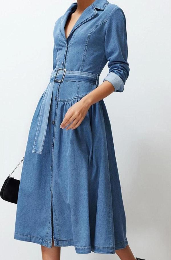 Moda Stil Oversize Gömlek Yaka Maxi Boy Kemerli Denim Elbise - Image 1