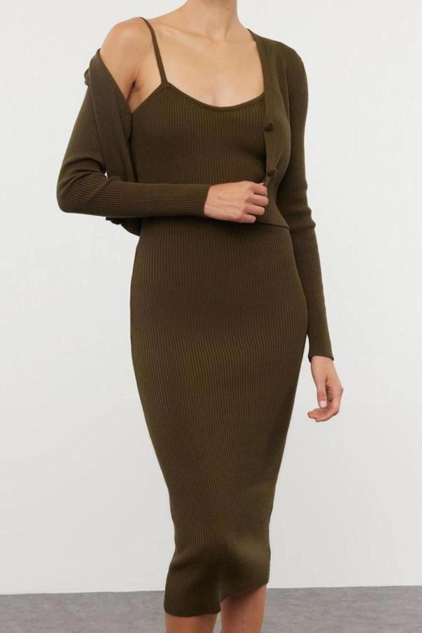 Moda Stil Slim V Yaka Midi Boy Vücuda Oturan Triko Hırka Elbise Takım - Image 1