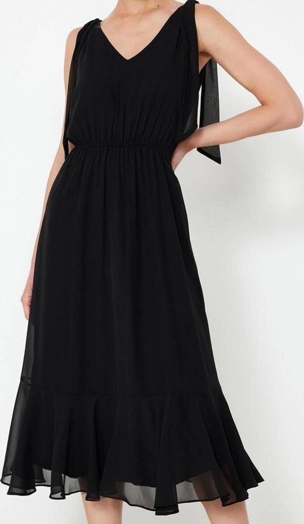 Moda Stil Regular V Yaka Maxi Boy A Kesim Beli Lastikli Şifon Astarlı Dokuma Elbise - Image 1