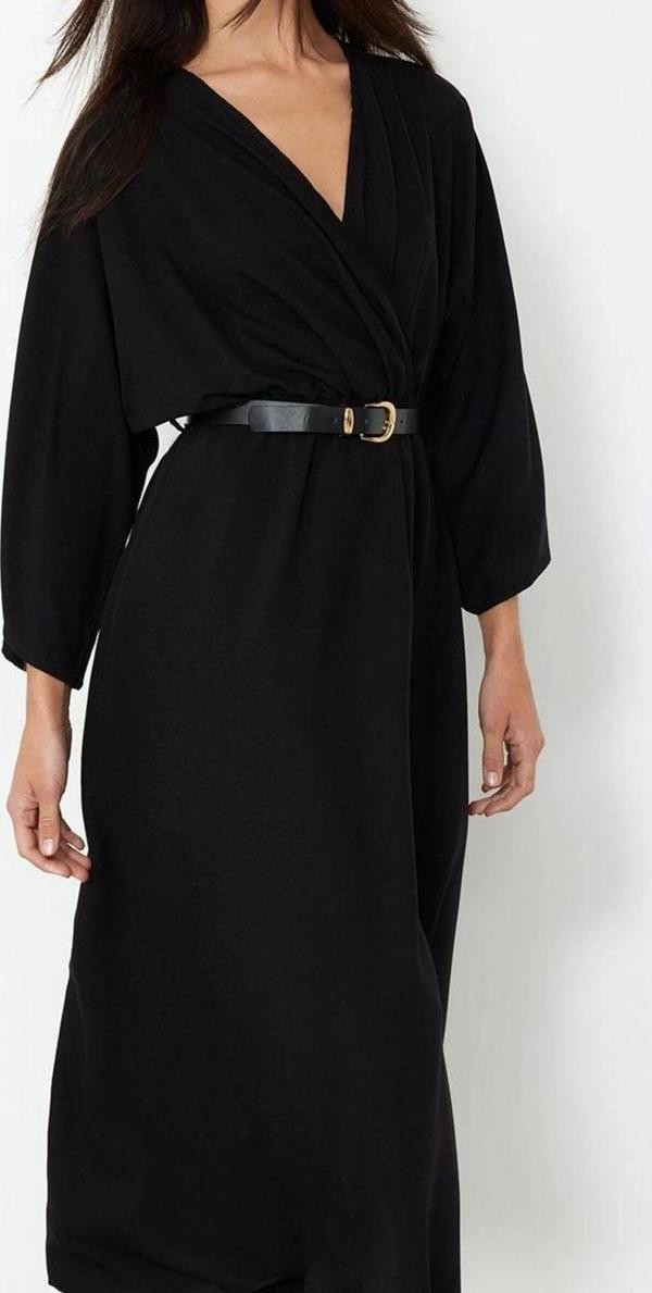 Moda Stil Regular Kruvaze Midi Boy Düz Elbise - Image 1