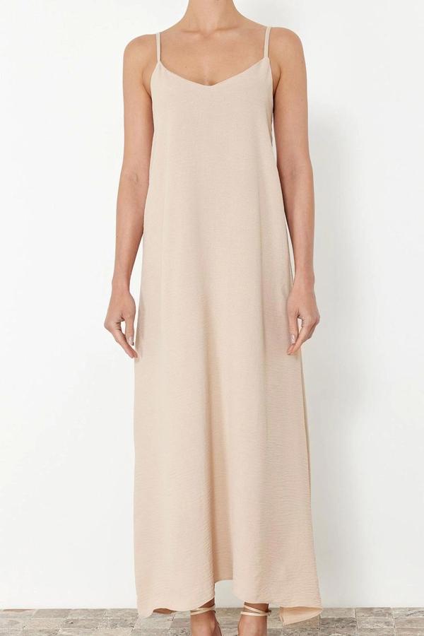 Moda Stil Oversize V Yaka Maxi Boy Düz Kesim Dokuma Elbise - Image 1