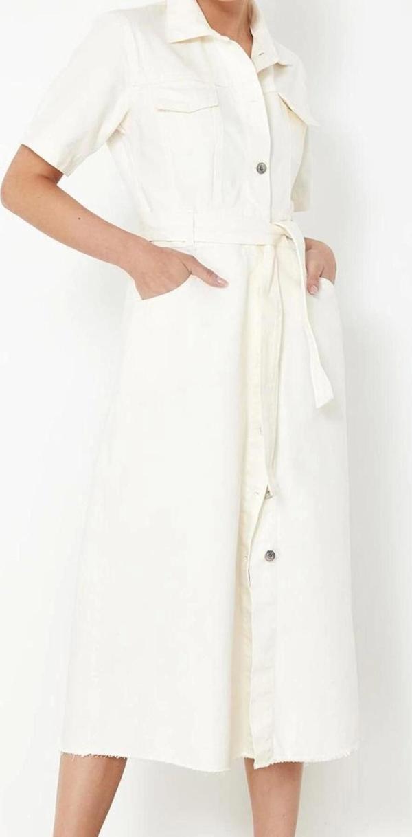 Moda Stil Denim Gömlek Yaka Maxi Boy Kemerli Elbise - Image 1