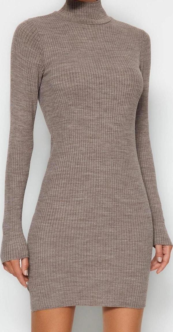 Moda Slim Casual Günlük Tek Plaka Triko Dik Yaka Uzun Kol Bodycone Mini Boy Elbise - Image 1