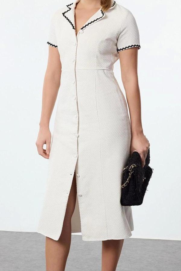 Moda Stil Regular Ceket Yaka Midi Boy Aksesuar Detaylı Tüvit Dokuma Kışlık Gömlek Elbise - Image 1