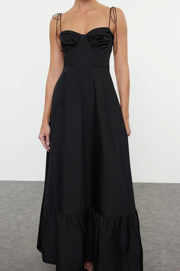 Moda Stil Regular Kalp Yaka Maxi Boy Drape Detaylı Dokuma Elbise - Image 1