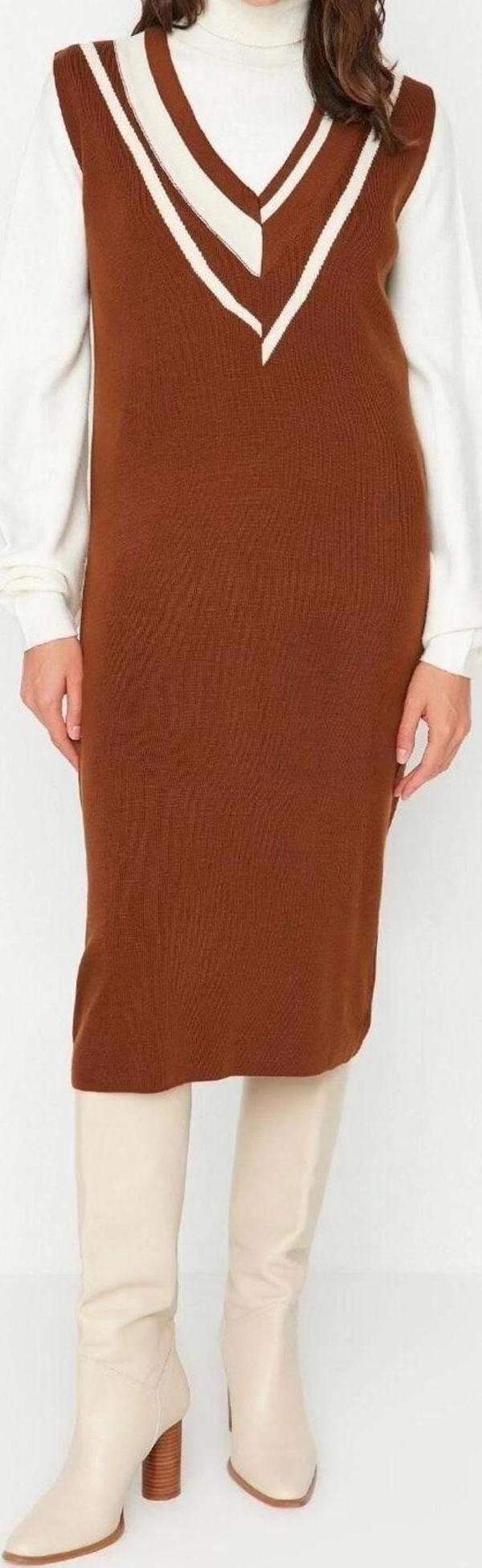 Moda Regular Casual Günlük Tek Plaka Triko V Yaka Kolsuz Kol Shift Midi Boy Elbise - Image 1