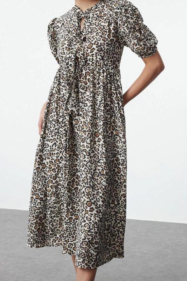 Moda Stil Relaxed Bisiklet Yaka Maxi Boy A-line Dokuma Elbise - Image 1