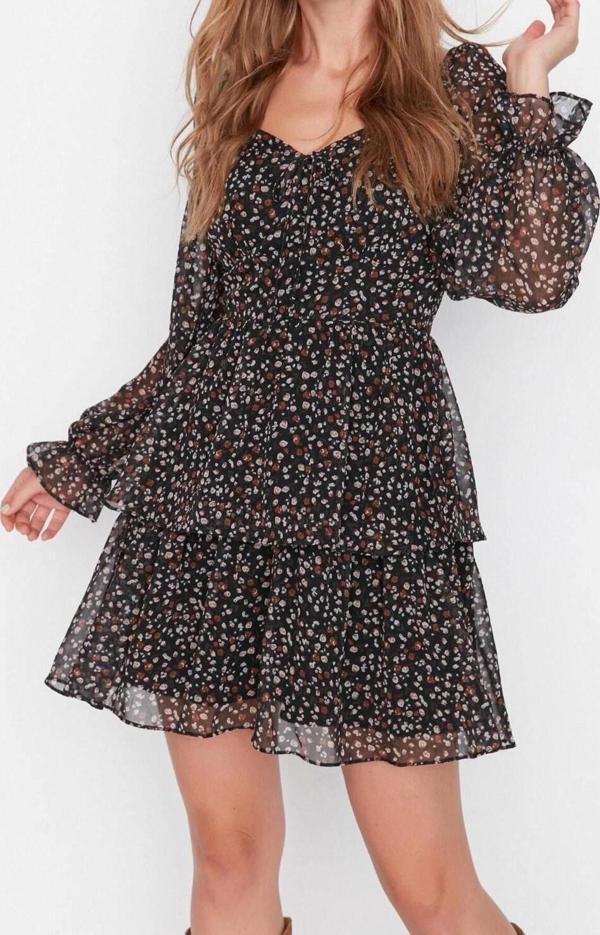 Moda Regular Gündüz Gece Şifon Dokuma Kalp Yaka Uzun Kol Skater Mini Boy Elbise - Image 1