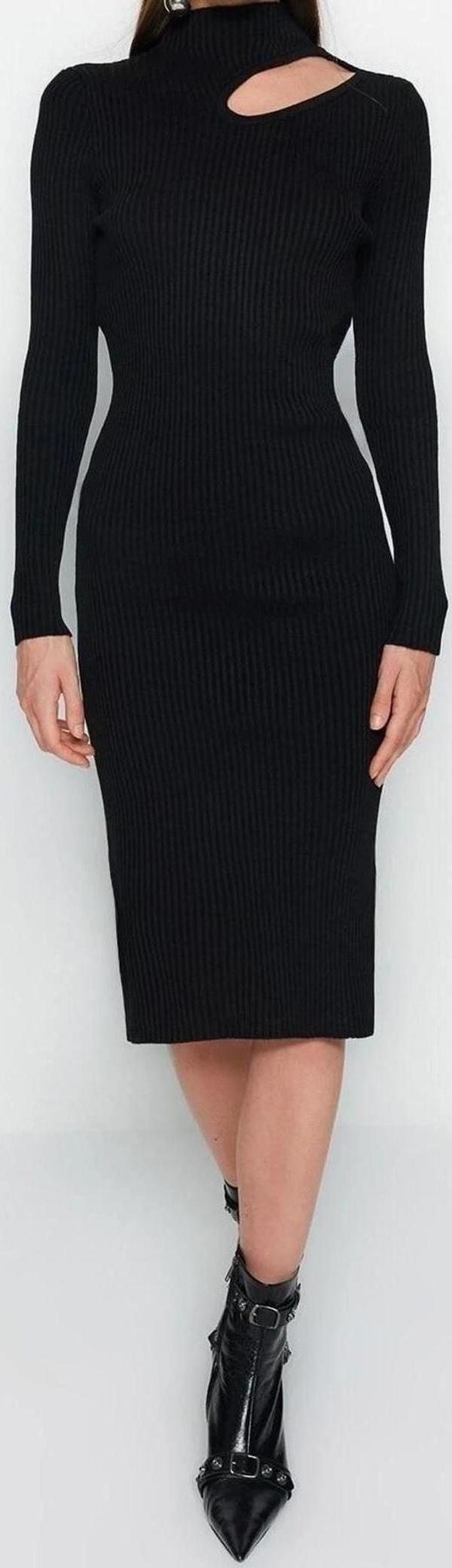 Moda Slim Casual Günlük Fitilli Triko Dik Yaka Uzun Kol Bodycone Midi Boy Elbise - Image 1