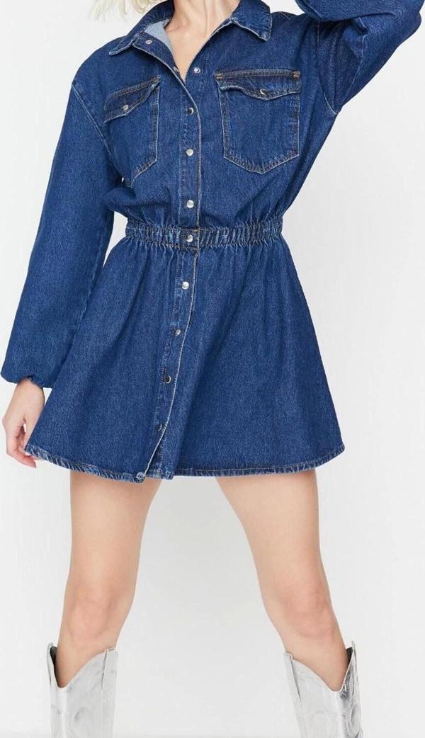 Moda Regular Mezuniyet Balo Rigid Denim Gömlek Yaka Kısa Kol Skater Kısa Boy Elbise - Image 1