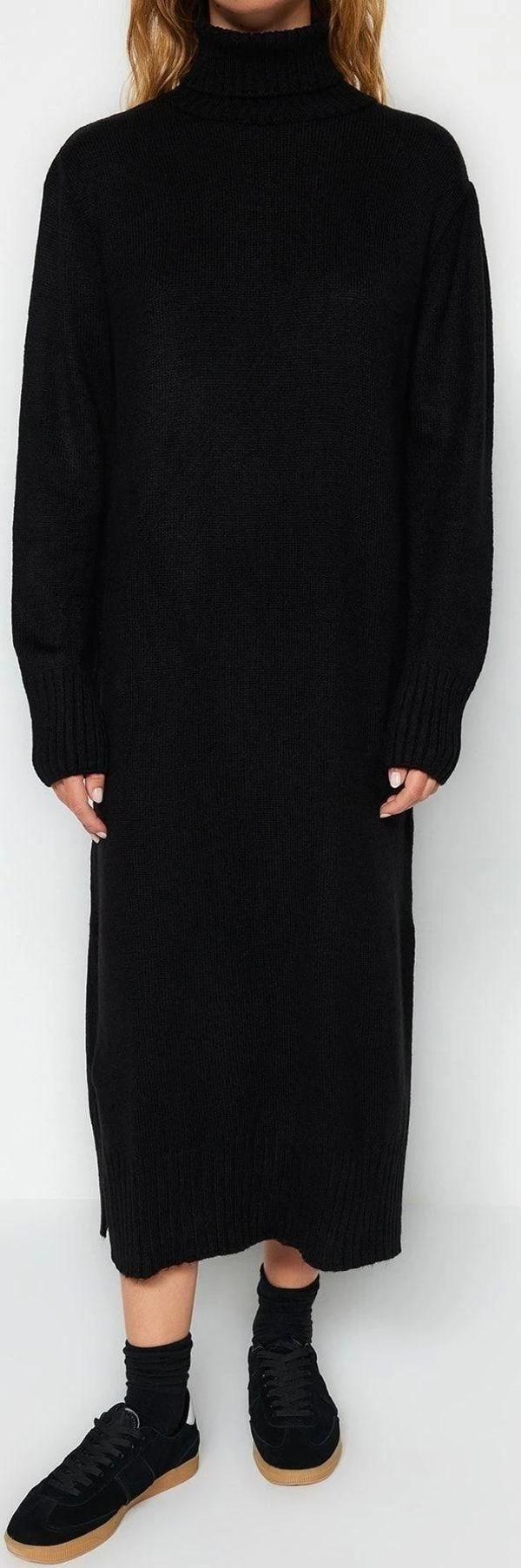 Moda Oversize Casual Günlük Dolu İğne Triko Balıkçı Yaka Uzun Kol Shift Midi Boy Elbise - Image 1