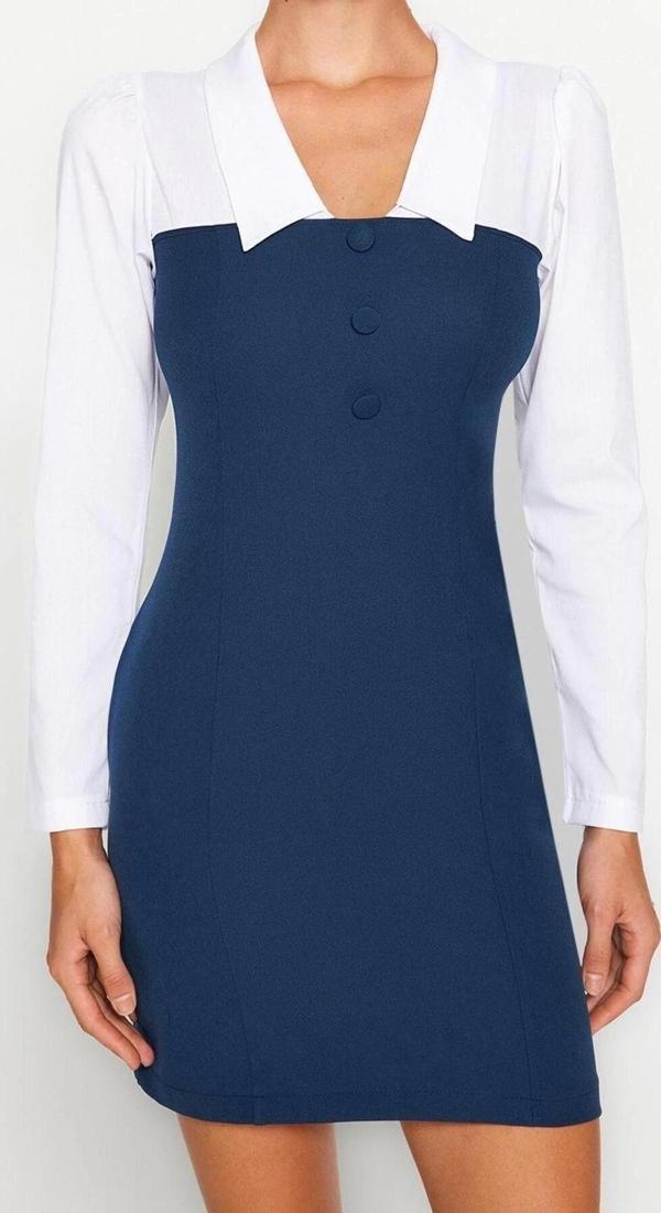 Moda Fit Business Finike Dokuma Gömlek Yaka Uzun Kol Bodycone Mini Boy Elbise - Image 1