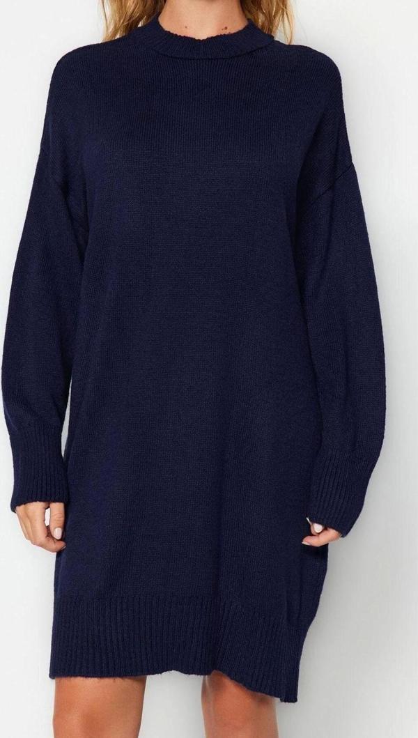 Moda Oversize Casual Günlük Çift Plaka Triko Bisiklet Yaka Uzun Kol Shift Mini Boy Elbise - Image 1