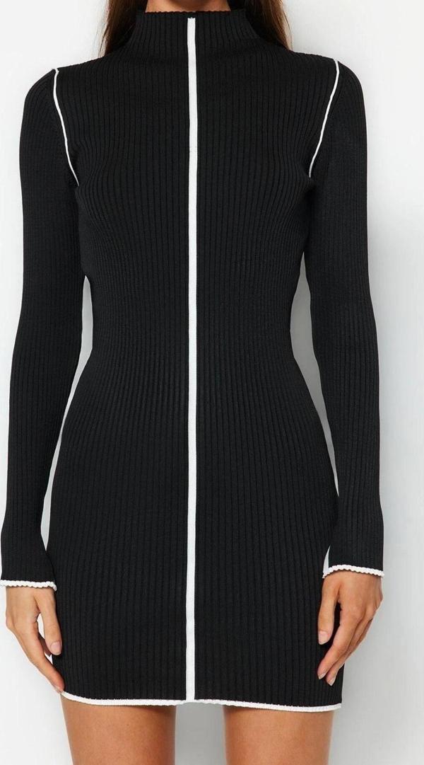 Moda Slim Casual Günlük Fitilli Triko Dik Yaka Uzun Kol Bodycone Mini Boy Elbise - Image 1