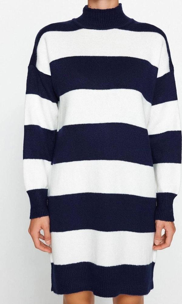 Moda Oversize Casual Günlük Bürümcük Triko Dik Yaka Uzun Kol Kazak Elbise Mini Boy Elbise - Image 1