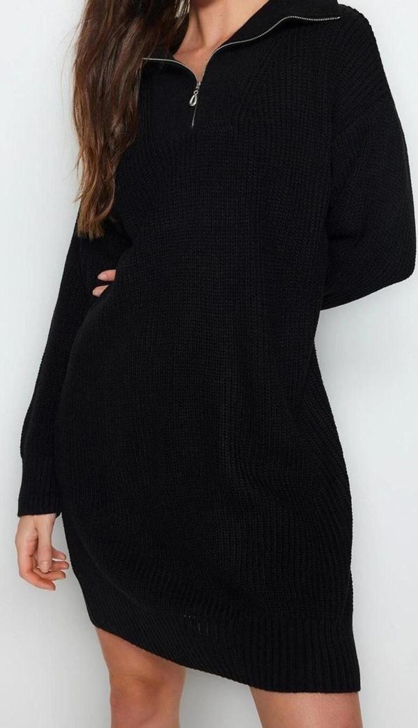 Moda Regular Casual Günlük Tek Plaka Triko Dik Yaka Uzun Kol Kazak Elbise Mini Boy Elbise - Image 1