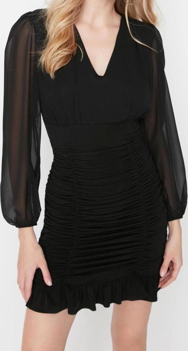 Moda Regular Gündüz Gece Şifon Dokuma V Yaka Uzun Kol Bodycone Mini Boy Elbise - Image 1