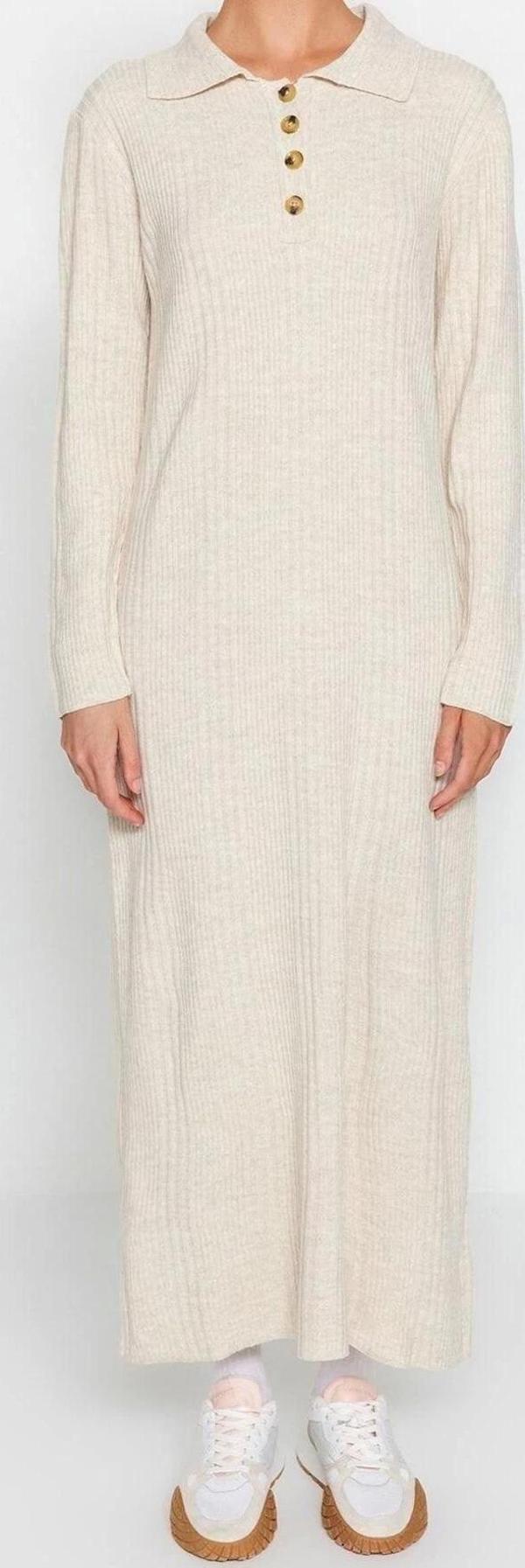 Moda Regular Casual Günlük Ribana Kaşkorse Dokuma V Yaka Uzun Kol A-Line Midi Boy Tesettür Elbise - Image 1