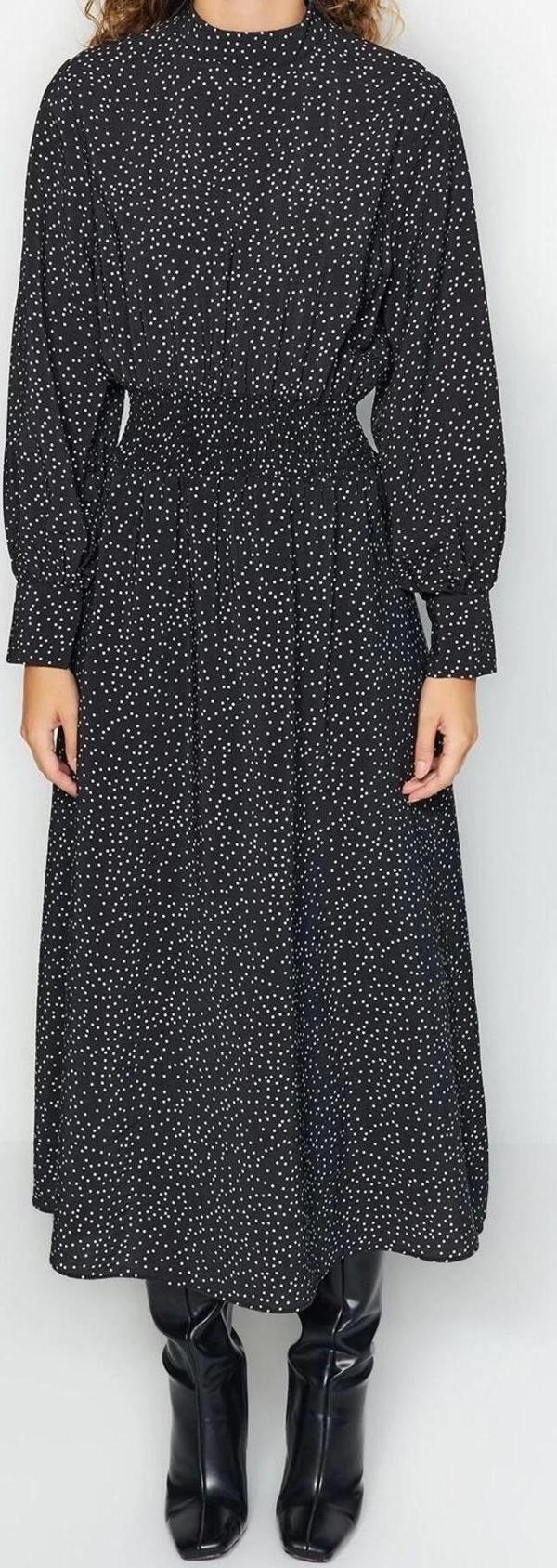 Moda Regular Casual Günlük Lilyum Dokuma Dik Yaka Uzun Kol Shift Maxi Boy Tesettür Elbise - Image 1