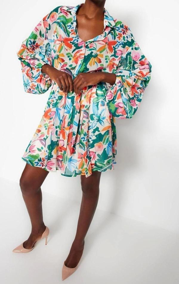 Moda Regular Casual Günlük Şifon Dokuma V Yaka Uzun Kol Skater Mini Boy Elbise - Image 1