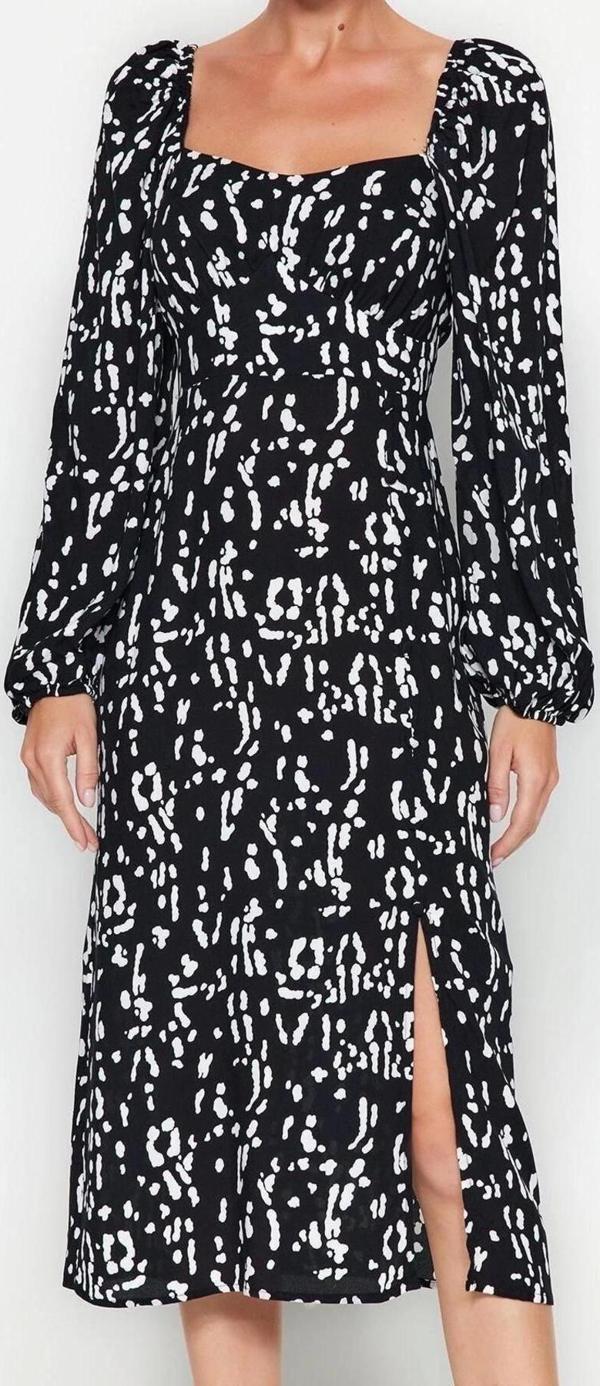 Moda Regular Casual Günlük Shally Dokuma Kalp Yaka Uzun Kol A-Line Midi Boy Elbise - Image 1