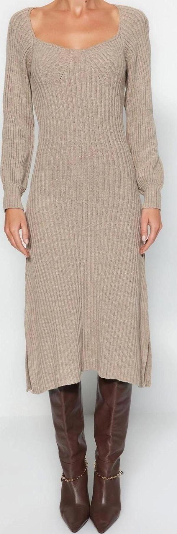 Moda Slim Casual Günlük Tek Plaka Triko Kalp Yaka Uzun Kol Basic Midi Boy Elbise - Image 1