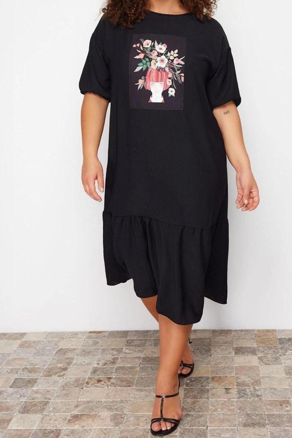 Moda Rahat Casual Günlük Queen Crep Dokuma Bisiklet Yaka Kısa Kol Smock Midi Boy Büyük Beden Elbise - Image 1