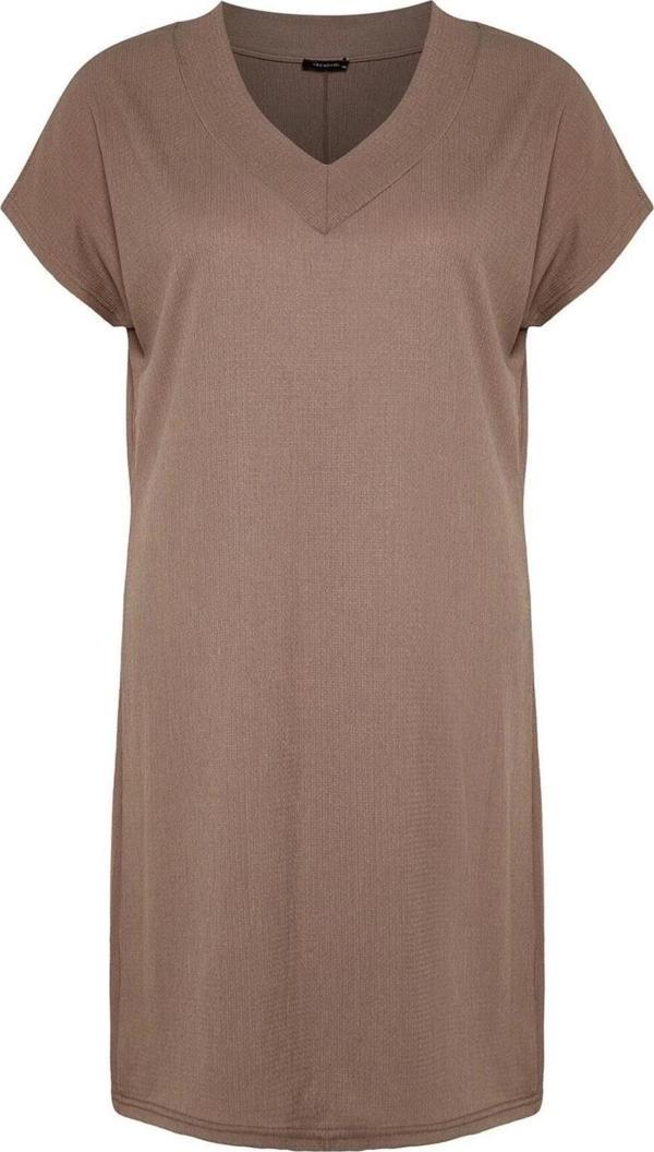 Moda Slim Şık Abiye Gece Bürümcük Örme V Yaka Kısa Kol Shift Mini Boy Büyük Beden Elbise - Image 1