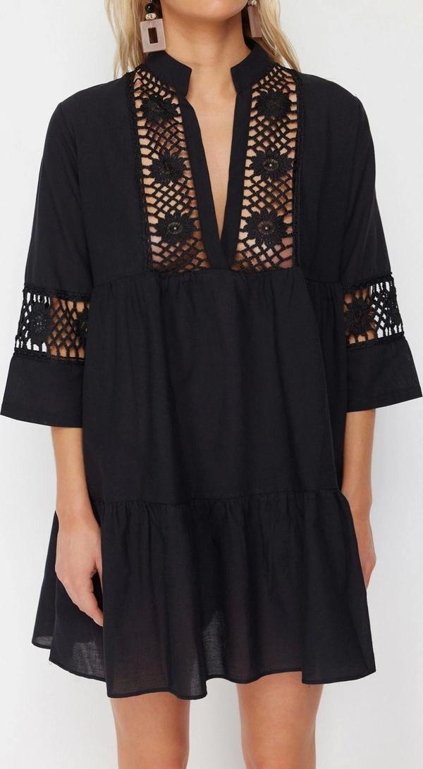 Moda Regular Plaj Günlük Vual Dokuma V Yaka Kısa Kol Skater Mini Boy Elbise - Image 1