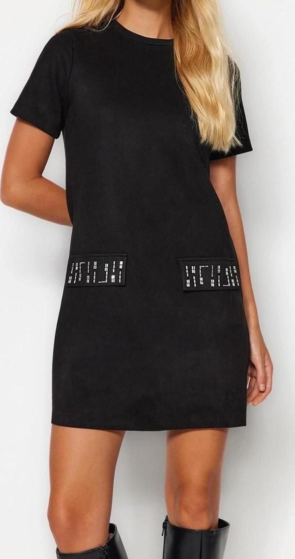 Moda Regular Business Süet Örme Bisiklet Yaka Kısa Kol A-Line Mini Boy Elbise - Image 1
