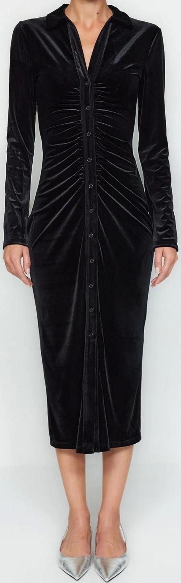 Moda Slim Casual Günlük Kadife Örme Polo Yaka Uzun Kol Bodycone Midi Boy Elbise - Image 1