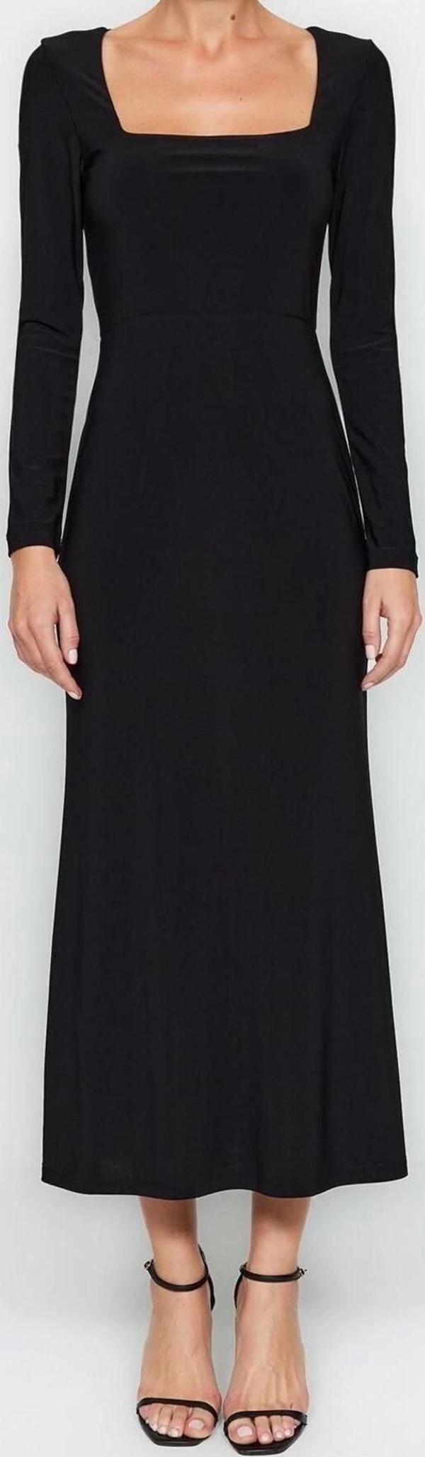 Moda Slim Gündüz Gece Sandy Örme Kare Yaka Uzun Kol A-Line Maxi Boy Elbise - Image 1