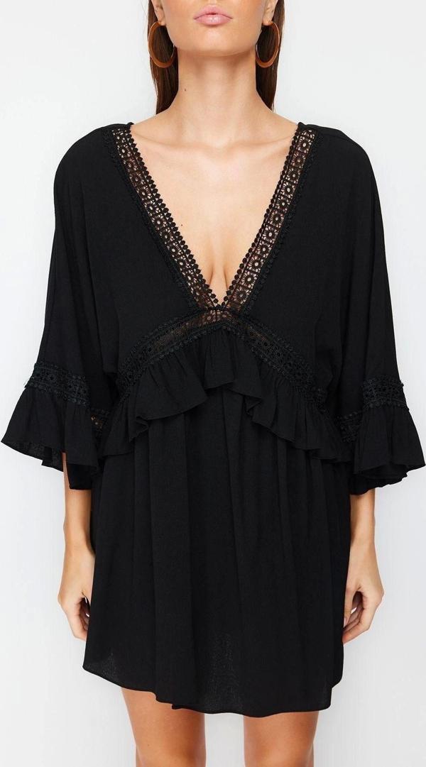 Moda Regular Plaj Günlük Crinkle Dokuma V Yaka Truvakar Kol Kol Basic Mini Boy Elbise - Image 1