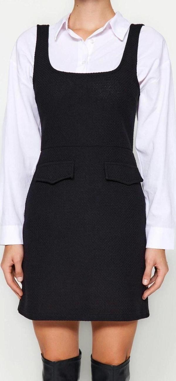 Moda Regular Casual Günlük Tüvit Dokuma Kare Yaka Askılı Kol Jile Mini Boy Elbise - Image 1