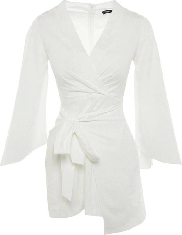 Moda Regular Plaj Günlük Flamlı Pamuk Dokuma V Yaka Uzun Kol Shift Mini Boy Elbise - Image 1